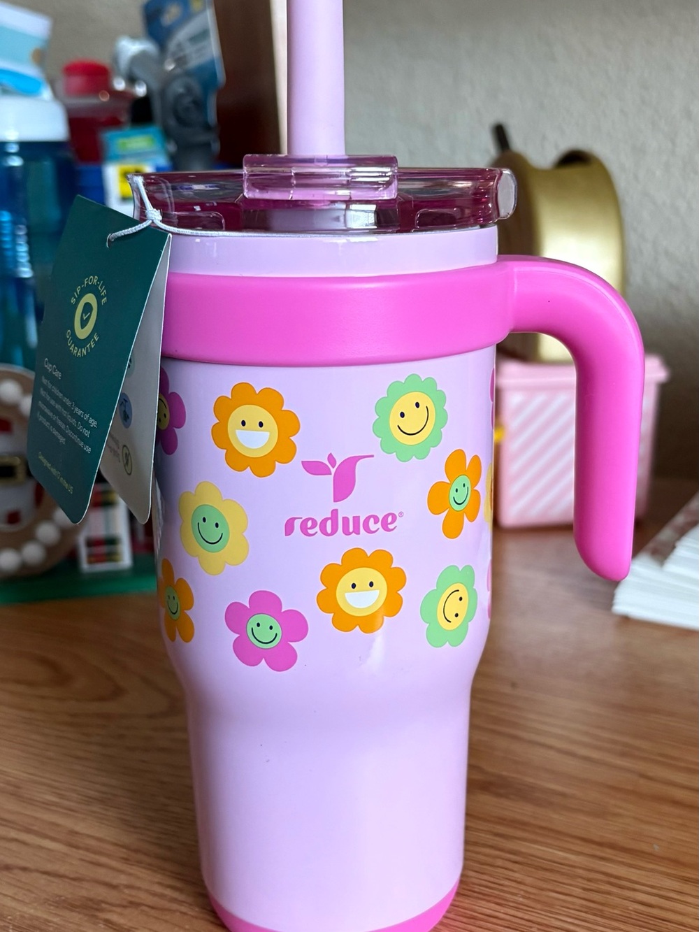 Kids Pink Floral Straw Cup with Handle